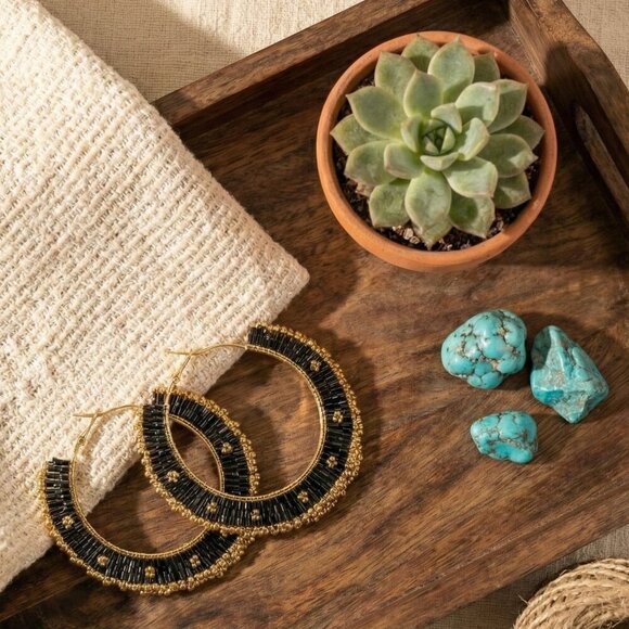 Indian Artisan Beaded Boho Chic Stylish Handmade Statement Hoop Earrings - Picture 13 of 13